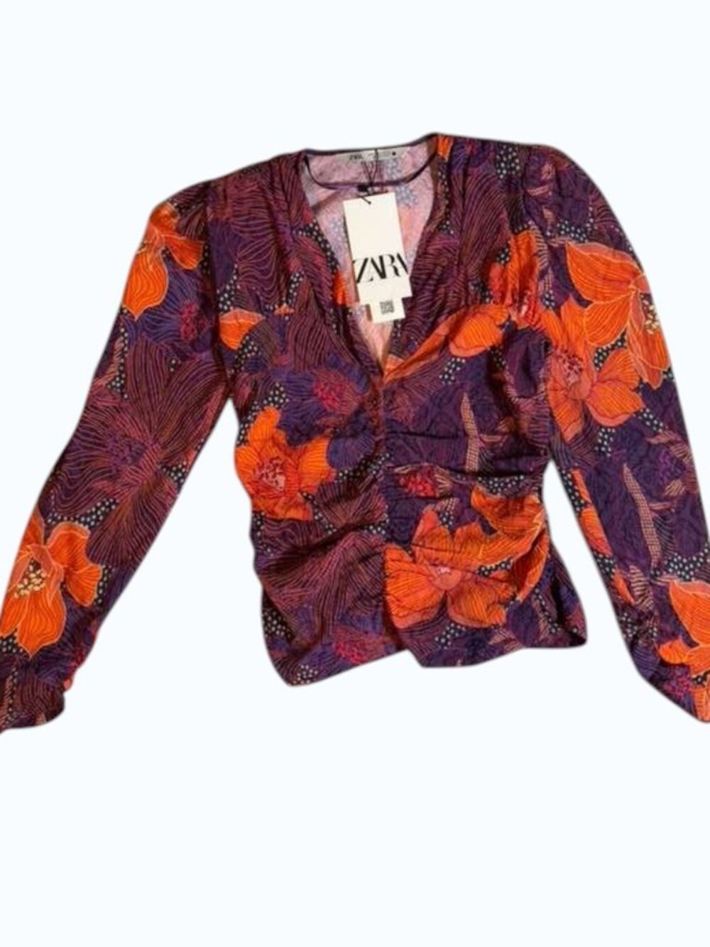 Zara Floral Ruched Blouse Size S NWT Shoulder Pads Statement Top.